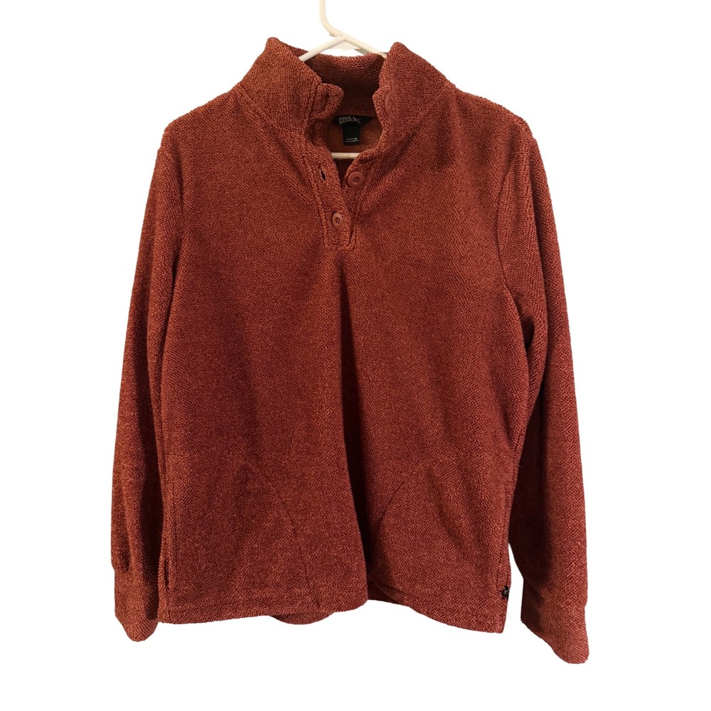 Eddie Bauer Womens M Rust Herringbone Sherpa Fleece‎ Snap Neck Pullover Sweater